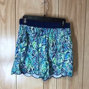 Blue Floral Elastic Waist Scalloped Hem Shorts L